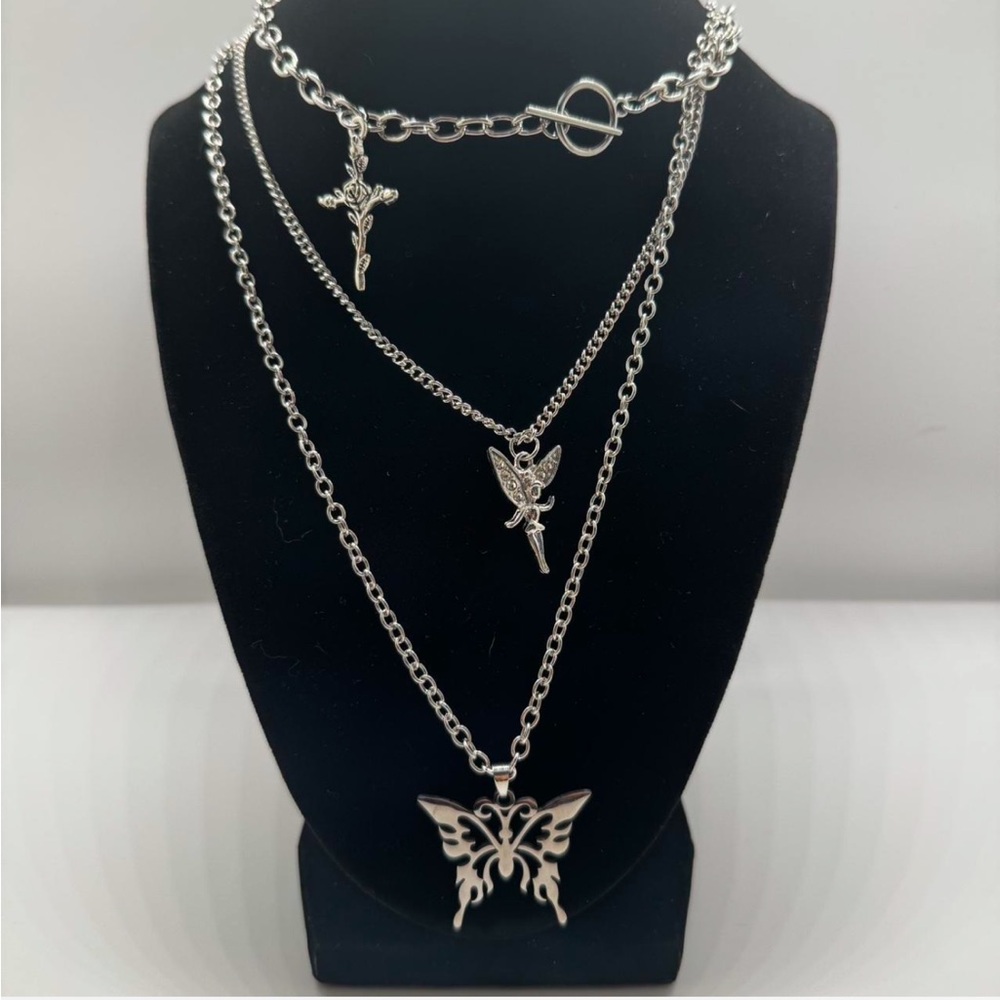 Silver Fairy Butterfly Rose 3 Layered Necklace Pendants